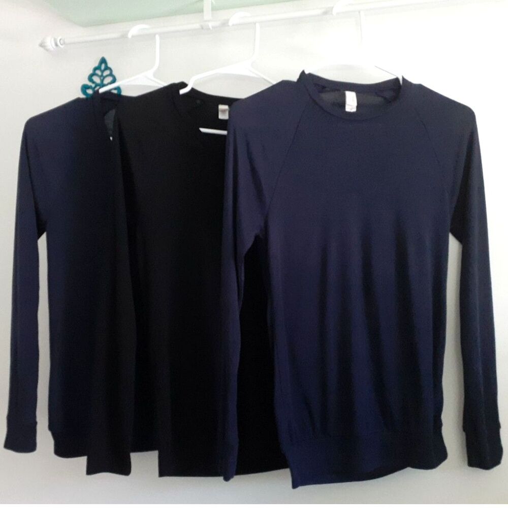 Lot of 3 Canvas Solid Navy Black Ribbed Knit Women's LS Round V-Neck Top Size XS